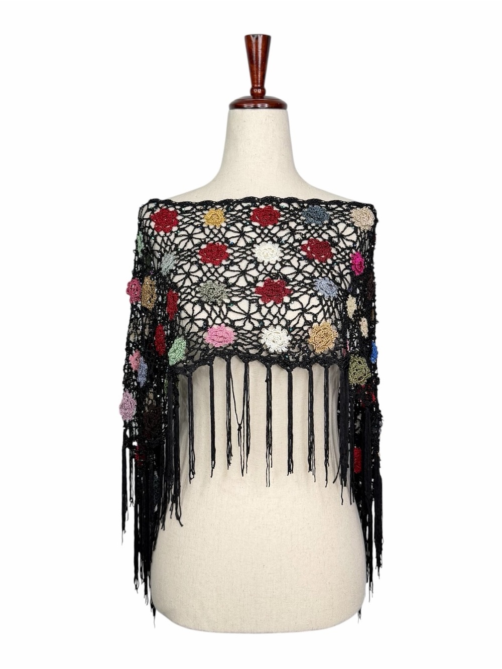 Vtg Boho Crochet  Beaded Fringe Shawl Poncho Top Floral Embroidered Gypsy Fairy